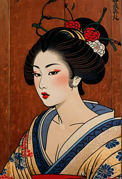 17th century, (cherry wood panel:1.8), (((wood grain visible through the drawing:1.4))), (Jwoodcut woodblock print of ukiyo-e in Japanese style on wood panel), (1.2), (reproduction of Kitagawa Utamaro's painting Courtesan), depicting, (detailed portrait of a geisha), (1.3), close-up, woman with black hair gathered in a bundle, (holding a white cloth to her mouth), (1.1), (red lips), bare chest, modest expression, (soft yellow background), traditional Japanese facial features, (high quality), detailed work, (fine lines), (watercolor colors), traditional Japanese patterns, (patterned clothing), artistic, (high resolution), graceful composition, (graceful pose), (((ukiyo-e in the style of Kitagawa Utamaro))), (old cracked wood panel:1.4), on the bedroom wall of the shogun's castle, Kitagawa Utamaro, <lora:Flux Imitation of Ukiyo-e style v0.2:.8>, Ukiyo-e, Art, <lora:Ukiyo-e Art:.8>