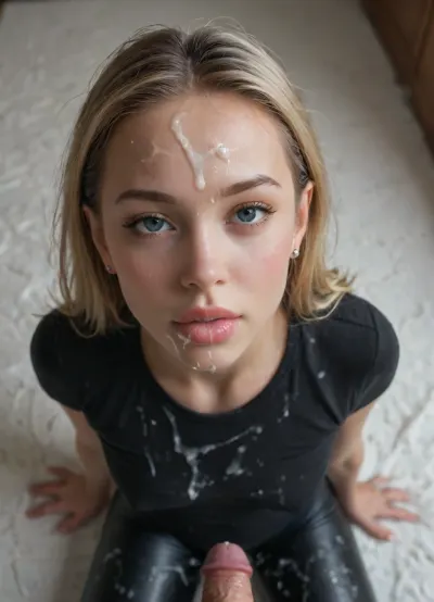 portrait of Sophia Flörsch kneeling in front of a man, ((Sophia Flörsch)), blonde hair, fair skin, (blonde hair:1.2), ((gymnast body)), cheeky smile, ((high detailed skin)), high quality, detailed skin texture, (highly detailed hair), ((skinny body)), (realistic), soft focus, insanely detailed, highest quality, ((leather leggings and tight shirt)), realistic, hair, leaning back, side, front, above, cum, kneeling, pov, (cum everywhere:1.8), (cum on forehead:1.6), (cum on lips:1.7)