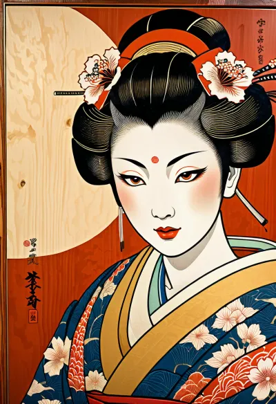 A sexy Japanese geisha woman from Edo, depicted in the ukiyo-e style, on a, (wood panel:1.4), on the bedroom wall of the Shogun's castle, superdetailed image, high quality, masterpiece, traditional japanese, (ukiyo-e style:1.6)