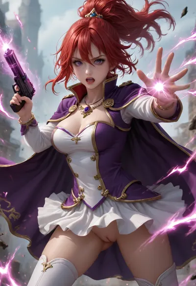 Fanis Laminitus, (35yo adult woman), red hair, high ponytail, bangs between eyes, purple eyes, luscious lips, v shaped eyebrow, (warry face, mouth opened, shouting, frowning), large breasts, covered pointy nipples, defaultoutfit, cape, black, epaulette, cleavage, navel, skirt, pleated, white, intricate, outfit, fluffy, overcoat, zettai ryouiki, white thighboots, dressoutfit, dress, jewelry, side, slit, bracelet, lipstick, necklace, anime coloring, fight pose, wind in hair, wind in clothes, thigh gap, shaved pussy exposed, big purple magic swirl around girl, big glowing magic flows, (holding very big magical fantasy guns), magic energy around guns, fantasy, magical powers, magical, magic, spell, swirls, action shot, leaning angle, beautiful background, fanis_laminitus, <lora:XL-FanisLaminitus:.8>, zdyna_pose, <lora:!action-sdxl-V0.5:.8>, <lora:detailed_notrigger:.8>, with, an, angry, expression, on, her/his, face, <lora:angryXL:.8>