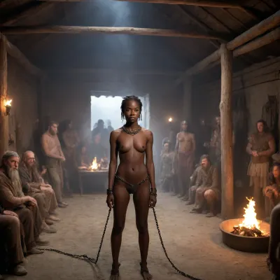 A highly detailed, photorealistic scene set inside a Viking chieftain’s longhouse during the 14th century. The interior is rugged and authentic, with thick, soft animal furs—often sheepskins—spread out as makeshift bedding. Large central fire pits illuminate the space, with a big chimney above to vent the smoke. In the foreground, (a 22 years old and black skinned female African Slave in chains:1.6), has various sex lightly dressed on the furs with several masculine blonde vikings, (viking warriors:1.3), tall and muscular figure, stands by the fire, the silhouettes highlighted by the warm, flickering light. The woman, seen from behind, shows her slender, athletic form as her vagina becomes hard thrusts, The atmosphere is filled with the smoky, dim light of torches on the walls, and the rough-hewn wood of the longhouse adds to the rustic charm. The interplay of light and shadow creates a romantic and intimate mood, capturing the essence of Viking life, The scene is rich in detail, capturing the intensity of the rain and the atmosphere of the night, (ziprealism:1.3), ultra-sharp details, realistic skin texture, refined contrast, 8k detail, authentic facial expression, clean composition, (maximum photo quality:1.4), (maximum resolution:1.5), cloudy, smoke, atmospheric, clouds, fog, onarmor, meatshield, fannypacking, <lora:crowd_notrigger:1.4>, <lora:Cloudy_Style:.8>, <lora:onarmor_xl:.8>