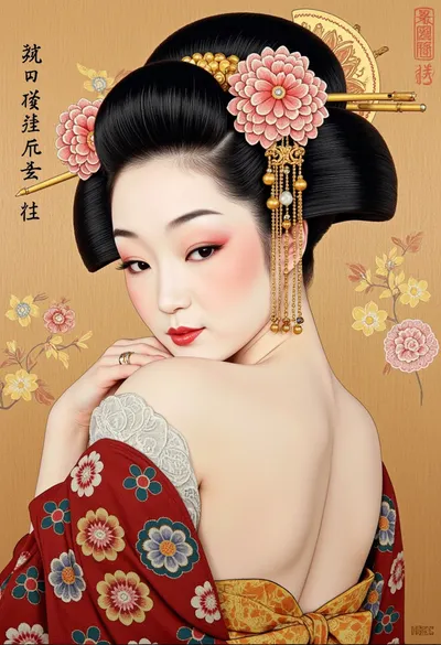 A sexy Japanese geisha woman from Edo, depicted on a, (wood panel:1.4), in the ukiyo-e style.