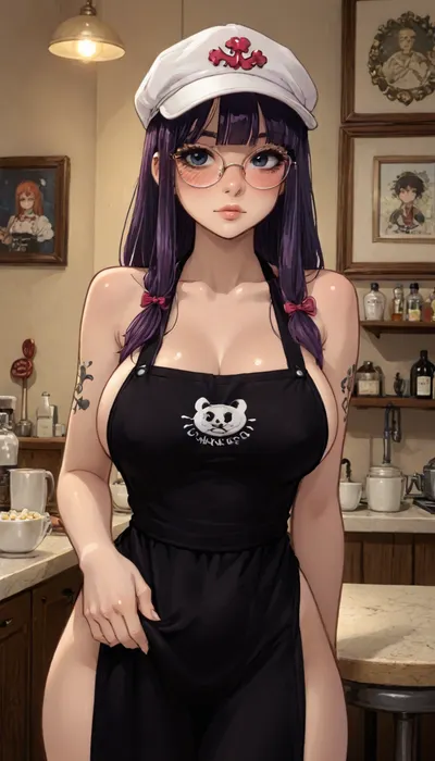 ((Melkor mancin style)), reiq mix innv style, 1girl, pretty girl, blushing, goth make up, face piercings, nose piercing, tattoo, black long bangs, round glasses, white cap, naked but wearing a black apron, nude hips, big cleavage, at cafe, side breast, ((giant tits:1), boobies almost spilling out apron), ratatatat74, jtcstyle, kousaka, kirino, gokou, ruri, izumi, sagiri, himemori, luna, sakura, miko, tsunomaki, watame, <lora:加藤彩style:1.5>, <lora:LCMTurboMix_Euler_A_fix:1.2>, <lora:ratatatat74-000050:1.9>, <lora:EnvyBeautyXL02:1.3>, <lora:Kanzaki Hiro_XL:1.9>