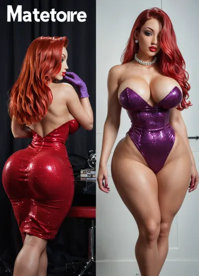(masterpiece), (best quality), (ultra detailed), American beauty Twitch streamer with the most perfect and gorgeous ass in the world, In the image of Jessica Rabbit, standing, large bimbo breasts, (bulging athletic giant ass:1.2), (very wide hips:1.3), (slender perfect legs:1.1), (Jessica Rabbit's hairstyle), (ruby hair:1.5), (long hair:1.1), (makeup:1.1), Jessica Rabbit's dress, beaded collar, dressed, (solo woman), red, dress, JR1024, playboy, magazine, cover, 1960s, 1970s, 1980s, 1990s, 2000s, <lora:add-detail-xl:.8>, <lora:JR1024:1.1>, <lora:playboy_cover_SDXL_v1:1.1>