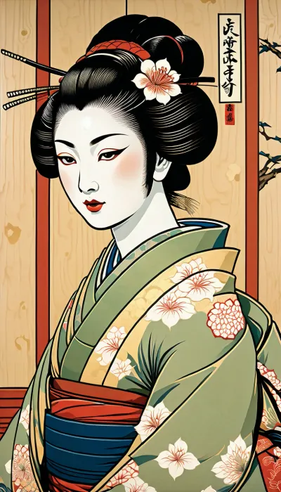 A sexy Japanese geisha woman from Edo, depicted in the ukiyo-e style, on a, (wood panel:1.4), on the bedroom wall of the Shogun's castle, superdetailed image, high quality, masterpiece, traditional japanese, (ukiyo-e style:1.6)