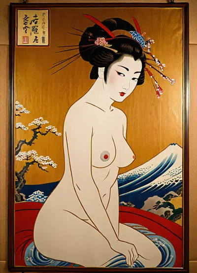 A 17th century, (wooden panel:1.8), with a drawing in traditional Japanese ukiyo-e style, it depicts a {half nude sexy Japanese geisha from Edo}, depicted in the ukiyo-e style, on a, (wood panel:1.4), on the bedroom wall of the Shogun's castle, superdetailed image, high quality, masterpiece, traditional japanese, (ukiyo-e style:1.6)