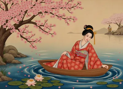 A 17th century, (wooden panel:1.8), (master painting), (high quality:1.2), (detailed:1.1), (Japanese aesthetics), (deep tones), (rich colors), (refined:1.1), geisha woman in boat, traditional, (kimono:1.1), with, (coral cherry blossoms:1.1), and, (red obi:1.1), (black hair:1.2), (traditional hairstyle:1.1), (spring pond), (floating sakura petals), (water lilies), (blossoming sakura trees:1.1), (blue water:1.2), (radiant light), (realistic water reflections), (ukiyo-e art style), (Japanese woodblock print), (precise outline), (smooth lighting)
