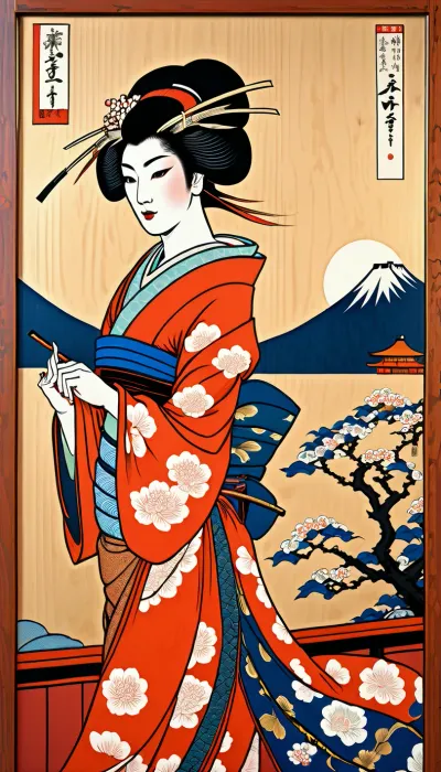 A sexy Japanese geisha woman from Edo, depicted in the ukiyo-e style, on a, (wood panel:1.4), on the bedroom wall of the Shogun's castle, superdetailed image, high quality, masterpiece, traditional japanese, (ukiyo-e style:1.6)