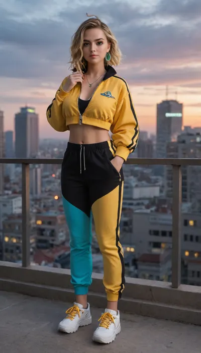 Kanari from "Pokemon Legends", Z‑A stands on a city rooftop at sunset. She has tanned skin, striking multicolored eyes, (blue left eye, yellow right), and shoulder-length yellow hair tied in a dyed turquoise on the right side and with a black tip on the left. She is wearing a cropped yellow jacket over a similarly cropped zip‑up top, (with a zipper keychain), baggy two-tone trousers in turquoise and black tones, and white platform sneakers. She has a black and yellow mask around her neck and a Rotom mobile phone in her hand. Neon lights of the Lumiose city in the background, warm orange glow, the atmosphere of urban adventure. Big breast