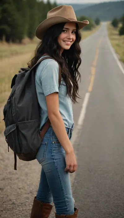 cute 20 year old beautiful smiling hitchhiking girl with long wavy black hair and a rucksack, cowboy hat and boots, standing at the side of a road, the girl looks very worn down and dirty and sweaty
