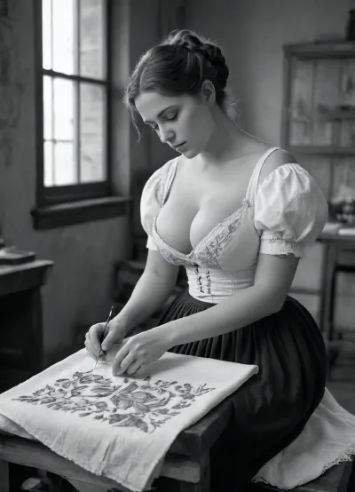 19th century girl embroiders a towel with floral patterns, (black and white:1.5), 18yo, weathered effect, beautiful girl wearing a Victorian bustle dress with a bodice working in a textile factory, (pretty face), (large natural breasts:1.5), (cleavage:1.5), (Victorian bustle dress, puffy sleeves, low cut), (bodice), (tiny waist), sitting, 19th century textile factory, (she is embroidering:1.2), (embroidering a towel:1.5), (the towel has a floral design), she is using a needle and thread, (she is looking at the towel), AgedSepiaCE, 19th, century, antique, photo, monochrome, (weathered effect:1.5), <lora:PhotoAgedSepia01-00_CE_SDXL_128OT:1.2>, <lora:19th_Century_Women:2>