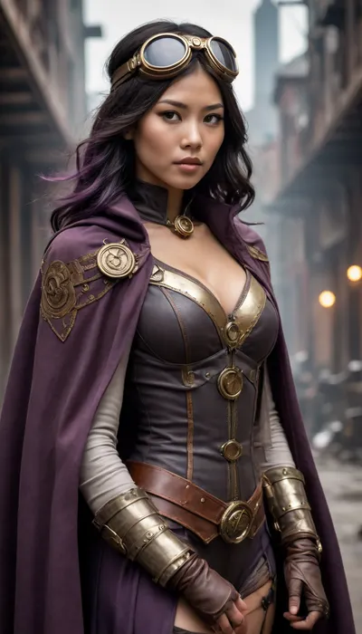 An Asian woman, a steampunk aviator, DC Comics' Huntress, from a post-apocalyptic world, has a long cape, mask, and big tits.