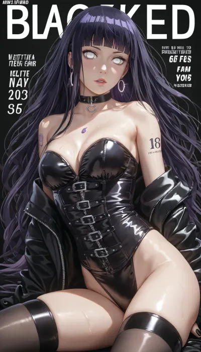 Hinata Hyuga, (Anime naruto style:1), (magazine cover), 20 year old goth girl, slim toned body, white eyes, (violet long straightened hair), sleeve tattoos, Black latex bdsm corset and stockings, blacked cover, <lora:BLACKED_girls:1>