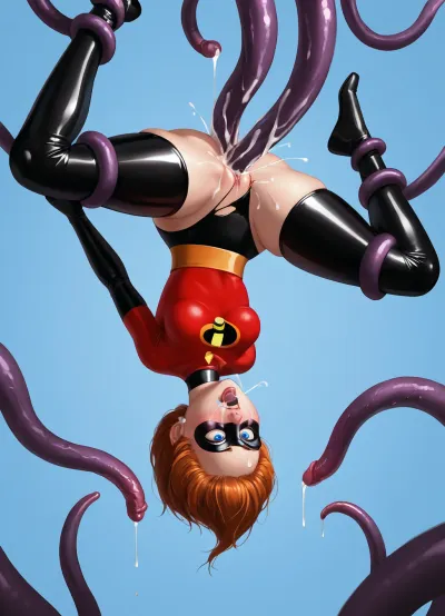 Mrs.incredible from the incredibles, wide hips / big ass, wearing her classic outfit, 1 girl, floating upside down, fucked by tentacles, slimy thick black tentacles caressing her body, ahegao, glowing blue eyes, cum on back, Arms held back, head held back, ripped clothes, tentai, bukkake, graphic triple penetration, forceful sex, brutal sex, CNC vibes, she is being lifted off the ground, she is floating in the air, violently fucked and ravaged by the tentacles, her body is lifted off the ground, her toes are bare, she is wearing her outfit from the show, her ass and vagina are clearly being penetrated, her mouth is being filled with cum too, she has orange / red hair, she is levitating in the air, floating in the air being held up by the tentacles that are fucking her, she’s upside down, floating in the air, legs being held apart, she looks hopeless and violated, it’s Mrs. Incredible in her classic superhero outfit, her big butt being mistreated violently, the tentacles are black, the black tentacles are wrapped all around her body and throat, her mouth is being stuffed by a big black tentacle leaking cum