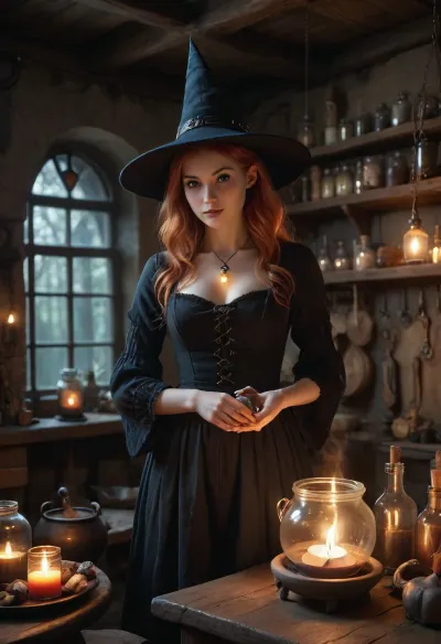 A highly attractive 23-year-old red-haired witch in her medieval 14th-century kitchen. She wears a low-cut dress and a pointed witch’s hat, stirring glowing potions in glass vials over an open flame. Her kitchen is incredibly detailed, filled with shelves of ingredients in tiny pots, jars, and phials. The furniture is rustic and rough-hewn, with coarse curtains and a dark, smoky ambiance. Illuminated liquids and glowing mushrooms in jars add a magical touch. The witch stirs a large cauldron, and the lighting is a blend of neon hues from the potions, warm firelight, and moonlight streaming through the window, revealing a dark forest outside. The scene is rich in detail, with the witch’s expressive features, flawless hands, and intricately textured clothing and skin. The overall atmosphere is magical and smoky, creating an enchanting, highly detailed setting, the atmosphere is adventurous, tension, and teasing intimacy, DonMSp3ctr4lXL, mad-2cbrrm, mad-1cbrrm, <lora:DonMSp3ctr4lXL-000008:1.8>, <lora:Neon_Cyberpunk_Cyberarm_SDXL:.8>
