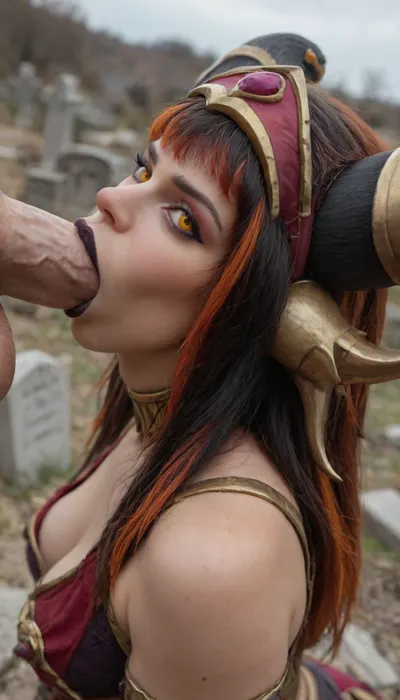 (Alekstrasza:1.4), hottie, orange eyes, (black hair), glowing hair, orange highlights, (black lipstick), retrousse tits, slightly plump, (side view:1.3), front view, (noon), (from above:1.3), (close up:.3), (exoskeleton), looking at viewer, Narrow hips, graveyard, (albino skin:1), (hyper detailed), (hips tilted:1), (Deep throat:1.4), bending forward, sucking cock