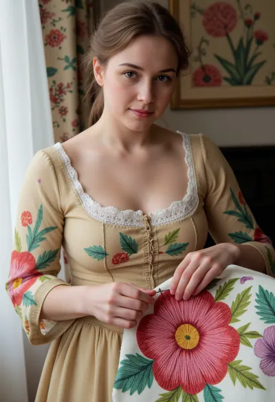 Photorealism, photorealistic, realistic, {36-year-old woman from the 19th century, dressed in a dress of that era, (embroidering a towel), (double exposure), (picture within a picture), with bright patterns, (bright, voluminous three-dimensional flowers), consisting of multicolored threads, in the process of embroidering with a needle, (holding a thin needle with embroidery thread in her hand), making a stitch on a towel, }, highly detailed, ultra-realistic, cinematic lighting, 8K