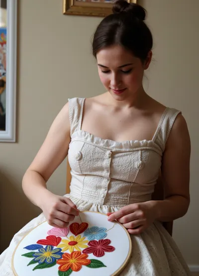 Photorealism, photorealistic, realistic, {a 36-year-old woman from the 19th century, dressed in a dress from that era, embroidering a towel, (double exposure), (picture within a picture), with bright patterns of vivid, three-dimensional flowers, (consisting of multicolored threads), (double exposure), (picture within a picture), in the process of embroidering, (holding a needle for hand embroidery in her hand), making a stitch on the towel, }, realistic, highly detailed, ultra-realistic, cinematic lighting, 8K