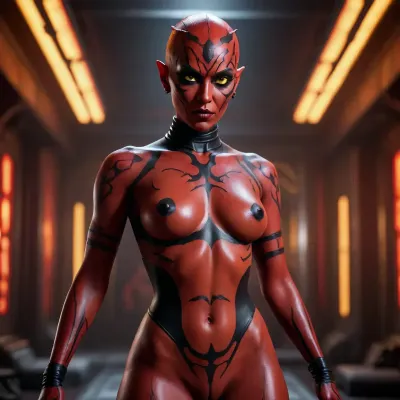 Darth Talon, detailed red Twi'lek skin with black Sith tattoos, confident dominant pose, glowing yellow eyes, full naked, cinematic lighting, Star Wars background, hyper-realistic, 4k, high detail, dramatic composition, fantasy sci-fi atmosphere