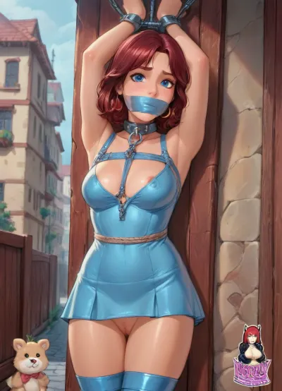 (reiq style), 23 year old brunette girl, deeply tanned, extremely short mini dress unbuttoned in the front showing her tits, on an empty street in a German town, dark blue eyes, shaved pussy underneath, raining day, iron slave collar, bondage, bdsm, rope, black, tape, gag, (bondage:1.8), <lora:AshMilkshake_Illustrious_v1:1.1>, <lora:cartoon_stickers_xl_v1:.8>, <lora:ratatatat74-000050:1.3>, <lora:add-detail-xl:2>, <lora:princess_xl_v2:.8>