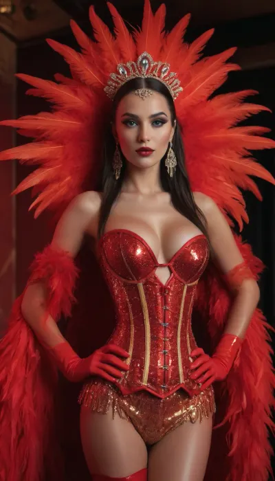 Woman is 25yo, 1990 porn star, Ultra-glam Vegas showgirl costume in electrifying red and gold with a high-gloss wetlook finish, glowing under vivid neon lighting. Sculpted corset-style bodice made of radiant lacquered satin, drenched in rhinestones, ruby crystals, sequins, glittering metallic beading, and reflective wet-shine accents that intensify the neon glow. Long flowing angel sleeves of sheer sparkling chiffon with glossy, liquid-like shimmer.

Massive showgirl puffball skirt and feathered backpiece transformed with wetlook coating and iridescent neon edges, layered satin ruffles, jeweled embroidery, and a dramatic crystal-studded train that glows under ultraviolet and neon highlights. Oversized showgirl headdress, towering red-and-gold ostrich plumes with neon tips, rhinestone detailing, and a gem-encrusted crown base emitting soft neon reflections.

Accessories include glossy satin opera gloves with wetlook sheen, huge rhinestone chandelier earrings, neon-reactive gemstone necklaces, glittering bracelets, and jewel-lined performance heels. Added elements, glowing feather plumes, sparkling fringe that flickers with neon bursts, reflective crystal accents, and stage-flare gleam effects. Overall aesthetic, hyper-luminous, futuristic, electrified showgirl glamour—classic Vegas meets neon nightclub fantasy. Shot with dramatic neon stage lights, wet-shine reflections, UV glow, and hyper-detailed textures