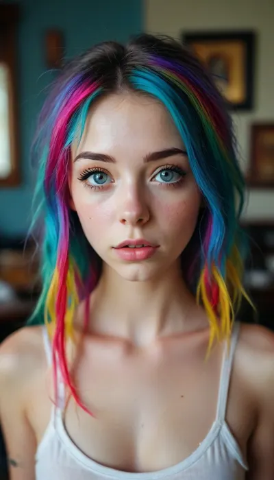 petite student, cum to face, gives a blowjob, rainbow hair, Sex, Erotica, ripped revealing clothes, goth, nude tits, Small tits, full body view, Tinymodel, young, school, pretty young, Young girls, 18 years old, perfect face, blue eyes, cute, closeup, petite body, smokey eyes, full body photo, beautiful face, fluxenh4nce, <lora:MJ52:.3>, <lora:FLUXEnh4nce:.8>