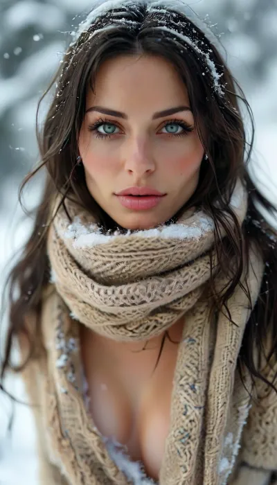 Masterpiece, perfect proportions, beautiful sexy skinny 30 years french woman, pov, skinny, very long cascading black hair, large boobs, (perfect face), high detail, ((topless, visible boobs)), shy smile, chapka, scarf, opens coat, heavy eyeliner makeup, snowy moutains, (((standing in the snow))), ((stunning eyes)), perfect eyes, cold day, <lora:MJ52:.8>, looking, at, viewer, <lora:looking_at_viewer:.8>, green, eyes, blue, brown, perfecteyes, <lora:PerfectEyesXL:.8>, <lora:style_lora_realis:.8>