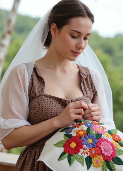 Photorealism, photorealistic, realistic, {a 36-year-old woman from the 19th century, dressed in a modest dress of that era, embroidering a towel, (double exposure), (picture within a picture), with bright patterns of, (vibrant, three-dimensional flowers), (consisting of multicolored threads), in the process of embroidering, (holding a needle for hand embroidery in her hand), making a stitch on the towel, }, highly detailed, ultra-realistic, cinematic lighting, 8K