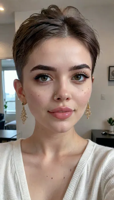 (((high fade))), (((cute))), 25 yo, 1girl, cute girl, looking_at_viewer, short_hair, earrings, bmbplora, <lora:cute_girls_xl_v1:.6>, <lora:bimboxl_02:1.4>