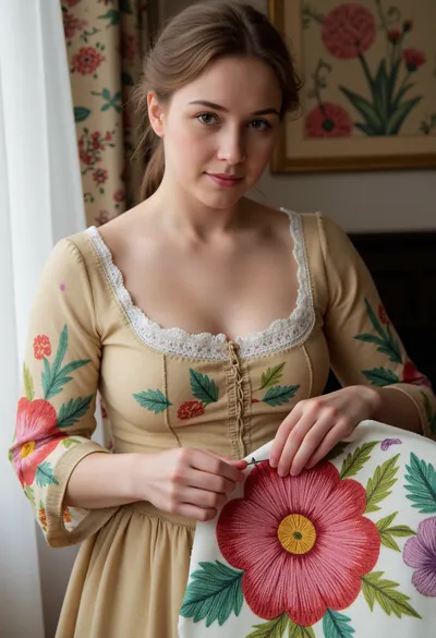 Photorealism, photorealistic, realistic, {36-year-old woman from the 19th century, dressed in a dress of that era, (embroidering a towel), (double exposure), (picture within a picture), with bright patterns, (bright, voluminous three-dimensional flowers), consisting of multicolored threads, in the process of embroidering with a needle, (holding a thin needle with embroidery thread in her hand), making a stitch on a towel, }, highly detailed, ultra-realistic, cinematic lighting, 8K