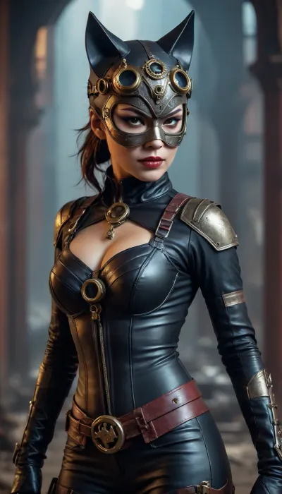 Asian steampunk Catwoman, from a post-apocalyptic world, and mask.