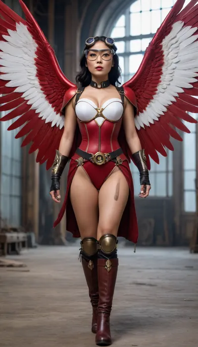 Full body view, An Asian woman, a steampunk, crimson commit 1950s Australian superhero from a post-apocalyptic world, has large white wings, and goggles and big tits.