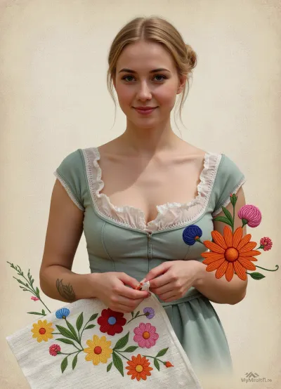 Photorealism, photorealistic, realistic, {a 36-year-old woman from the 19th century, dressed in a modest dress of that era, embroidering a towel, (double exposure), (picture within a picture), with bright patterns of, (vibrant, three-dimensional flowers), (consisting of multicolored threads), in the process of embroidering, (holding a needle for hand embroidery in her hand), making a stitch on the towel, }, highly detailed, ultra-realistic, cinematic lighting, 8K