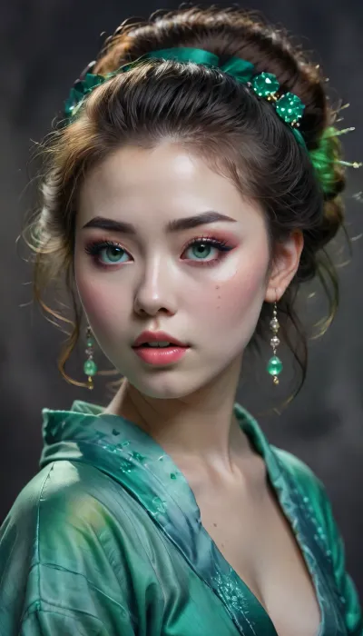 watercolor inspiration, side view, interesting angle, gray background, fluffy neon transparent Miss Obizhulka, funny sparkling emerald very sad eyes, puffs out huge cheeks, depressed, fflix-geisha, <lora:ahxl_v1:2>, <lora:Fflix-Geisha:2>