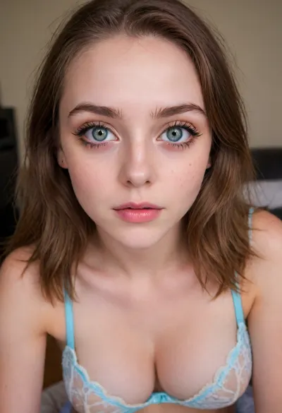 (18 Year old:2), (sitting in a gamer chair:1.5), (Irish, pale skin, freckles, freckles on face), (web cam snapshot, portrait, body portrait with emphasis on her eyes, close up of chest, fisheye lens:1.5), (ring lighting, ringing lighting reflected in eyes), (Scandinavian and Irish features), (photorealistic, photo realistic, photorealism, photo realism:1.8), (4k, 8k, 8k resolution, best quality, ultra quality, highest quality, maximum quality, uncompressed, raw source photograph:1.2), (same color eyes, symmetric eyes, matching eyes, detailed eyes, detailed iris, detailed pupils, limbal ring around iris, perfectly round iris, perfectly round pupils:1.4), (dark eye shadow, dark eyeliner, goth makeup), (detailed skin, high detailed skin, intricately detailed skin, perfectly detailed skin, high quality skin, highest quality skin, exquisitely textured skin), (intricate clothing, detailed clothing), (microblade eyebrows, perfectly manicured eyebrows), (flushed cheeks, flushed neck, blushing cheeks, blushing neck), (overfilled lips, juicy lips, filled lips, puffy lips, glossy lips, her thick wet lips are slightly parted, nervously biting lower lip, lip bite, lip biting), (emo makeup, scene queen makeup, alternative makeup, e-girl makeup), (narrow jaw, delicate jawline, pointed jaw and chin, heart shaped face, pixie face, fairy face, fae features, extremely feminine face, round face, chin, mouth, high cheekbones, sharp cheekbones, faint vellus hairs, cute tall tall tall dimpled cheeks), (upturned button nose, upturned nose, delicate nose, nose), (long hair, wavy hair, loose hair framing her face, messy hair, tousled hair, bed hair, sex hair, dark colored hair with blue highlights, side bangs), (eyes slightly crossed, big eyes, wide eyes, doe eyes, slightly wide set eyes), (striking eyes, captivating eyes, mesmerizing eyes, fae eyes), (pale green eyes with golden flecks), (perky breasts, small breasts, smallnatural breasts, sagging breasts), (chubby body, bbw body, curvy body, thick body, soft shoulders), (portrait of chest up, tight closeup of body and face), (looking straight into the camera, looking straight ahead, head slightly raised, gazing lovingly straight into the camera, looking down on her from above), (she's in love, adoring gaze), (topless), (relaxed posture, casual pose), (lace underwear, sexy underwear, lace bralette), (loving expressing, adoring expression, joyous, joyful, pleased), (girlfriend, girlfriend material, girlfriend experience), chest up view, large cleavage, supermodel, face, big, lips, downblouse, <lora:Beautify-Supermodel-SDXL:.9>, <lora:RealDownblouseXL2:.8>, eyeliner, thick, graphic, eyelashes, <lora:Xtreme_Liner:.8>