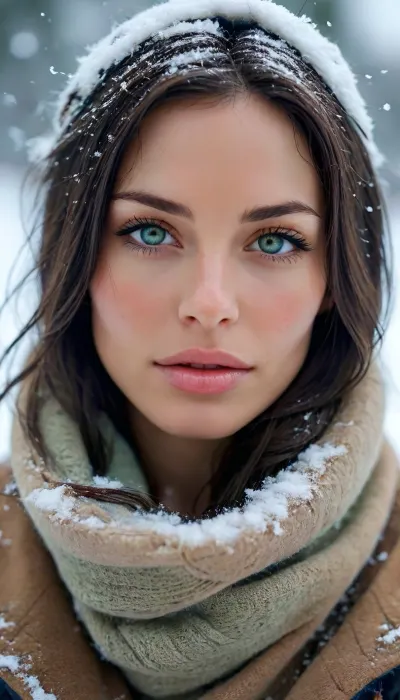 Masterpiece, perfect proportions, view from above, beautiful sexy skinny 30 years french woman, skinny, very long cascading black hair, large boobs, (perfect face), high detail, ((topless, visible boobs)), shy smile, chapka, scarf, opens coat, heavy eyeliner makeup, snowy moutains, (((laying in the snow))), ((stunning eyes)), perfect eyes, cold day, <lora:MJ52:.8>, looking, at, viewer, <lora:looking_at_viewer:.8>, green, eyes, blue, brown, perfecteyes, <lora:PerfectEyesXL:.8>