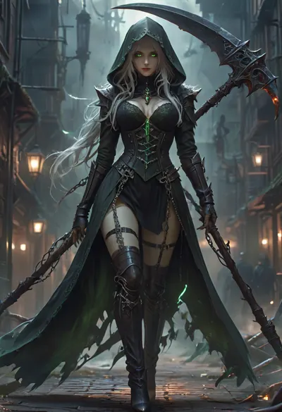 Dark nun, sexy, slender, fair skin, glowing green aura, glowing eyes, dark hood, long white hair, cleavage, big belt, elaborated leather corset, (high-cut panties, (thigh gap)), long tunic, thigh-high boots, garter belts, thigh belts, richly decorated outfit, detailed clothes, holding big scythe, chains on scythe, walking, <lora:Dark Nun (Pony):.8>, XUER, Dark, girl, holding, scythe, <lora:绪儿 暗黑少女 XUER Dark girl:.8>, dark, aura, <lora:Dark_Aura_XL_-_Filled_with_miasma:.8>, <lora:detailed_notrigger:.8>