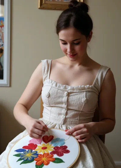 Photorealism, photorealistic, realistic, {a 36-year-old woman from the 19th century, dressed in a dress from that era, embroidering a towel, (double exposure), (picture within a picture), with bright patterns of vivid, three-dimensional flowers, (consisting of multicolored threads), in the process of embroidering, (holding a needle for hand embroidery in her hand), making a stitch on the towel, }, highly detailed, ultra-realistic, cinematic lighting, 8K