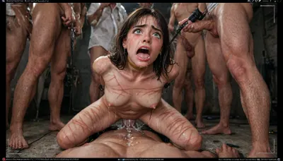 (Vampirella is a tall, pale woman with a mane of raven-black hair and green eyes. Her look is that of a skimpy, red sling bathing suit barely covering her nipples and genitalia, with a golden bat emblem over the crotch. She wears an upturned white collar at her neck, long, high-heeled black boots, and a golden bracelet on one arm:1.12), with small tits bound in a torture chamber, restraints, (intricate details:.7), (film grain:.5), (freckles, goosebumps, pores, bruises:1.15), -cut, sad, expression, sitting, restrained, breast, tied, bursting, fakebreasts, crying, frown, (screaming in pain), tearing, up, trembeling, uvula, arms, (((emphasis, lines, @, wide-eyed, constricted, pupils, streaming, tears, crazy, eyes))), leaning, back, full-face, blush, Bags, under, eyes, Crying, Transparent, Liquid, busted, breasts, ass, whip, marks, bdsm, drawing, style, by, NTY, (cock in mouth:.12), (creamy deep deepthroat:1.24), (extreme oral sex:1.12), (huge massive white dick:1.4), (cum), (hands pulling hair hard), (huge dick:1.18), UHD, 8k wallpaper, (maximum quality:1.5), (ultra high resolution:1.7), (masterpiece:1.2), (full body view), award winning photo, (Extreme:1.5), (insanely detailed:1.9), (realism:1), (realistic:1.7), (hdr:1.4), hyper-detailed realistic body, hyper-detailed realistic face, (warm ambient light:.5), (dark shadows:1.4), tied up in chains, hands behind back, (anal:1.5), (masterpiece:1), hard nipples, hourglass waistline, perfect anatomic body, getting projectile cum into mouth, (cum covered her face:1.3), (cum on her face, cum in her mouth), ((projectile_cum)), cum on face, cum on body, excessive cum, covered in cum, projectile cum, anal spitroast, gagging on cock, (pulled nipples:1.2), nipple clamps, ((crying alot:1.185)), extremely shy, (5 men jerking off on her:1.4), ((old man fucking her from behind:1.5)), 1girl, 8men, hdr, photographic, ultra realistic, ultra high details, back light, (front view), (dynamic pose), best quality, proper physics, big white cocks, muscular white old men gangbang, 6 large muscular old men, gargantuan old men cocks, anal sex expansion, large hyper muscular old men men, old men group sex gangbang, (old men gangbang sex), swollen white veiny cocks, (double anal penetration), hardcore double penetration, ((many men filming her with cellphones laughing:1.12)), Uber realistic, ultra detailed, masterpiece, detailxl, 35mm photograph, film, professional, 4k extremely graphic, high detail, hyperrealistic, 8K, BadX, porn photoshoot, (eyes wide open in horror:1.24), (wide mouth spreader:1.5), (pleading expression:1.18), (terrified:1.12), (crying:1.89), UHD 8K, (full body photograph:1.1), (whip marks:1.68), (whipped tits:1.67), professional photograph shot on kodak, 35mm photo, high budget, cinemascope, 100 mm lens, 1/250 s, f/2.8, ISO 300, (view from high below:1.2), <lora:LCMTurboMix_Euler_A_fix:2>, <lora:JuggerCineXL2:2>, <lora:detailed_notrigger:2>, <lora:photorealistic_portrait_notrigger:2>, <lora:add-detail-xl:2>