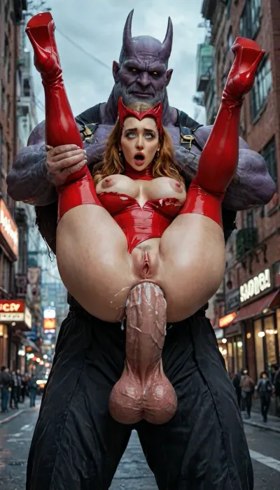 8k, score_9, score_8_up, score_7_up, FILM PHOTOGRAPHY STYLE, cinematic photography of a woman, professional portrait photo realism, scarlet witch, ripped leotard costume, red thigh high heeled boots, long ginger hair, exposed breasts, full nelson, anal sex, ahegao, running makeup, legs held back, cum in ass, thanos, extreme massive penis, hyper thick penis, super veiny penis, penis × scale, massive swollen hanging swinging balls, balls × scale, extreme amounts of cum, new york rooftop, night, devil hs art style, big Breasts, full body view, <lora:detailed_notrigger:2>, <lora:add-detail-xl:.8>, <lora:LCMTurboMix_Euler_A_fix:.8>, <lora:style_lora_realis:.8>