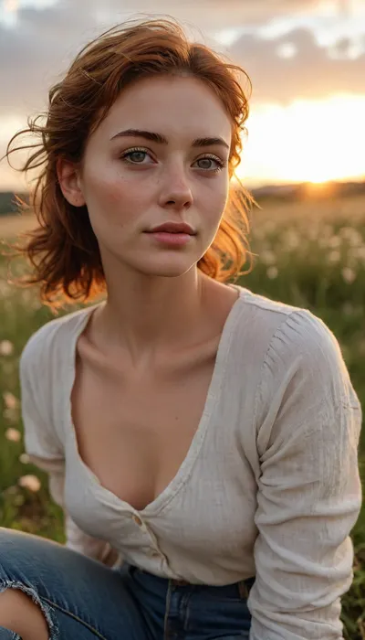 A beautiful English woman, In a Yorkshire flower meadow, “she is sitting and resting her, [chin/ head/ face], on knees”, “The scene is bathed in the warm golden hues of a breathtaking, (((sunset))), ”, (perfect face:1.5), (perfect nose:1.5), she is, (fully clothed), she wears a short, old, loose top and grey low slung jeans. short auburn hair blowing in the breeze, light freckles and moles, sun-kissed skin, tan lines, smooth skin, 29 years old looking at the camera. hair follicles are visible, auburn hair tied back into a loose bun, she looks lovingly at the person behind the camera. The camera is at ground level. knees on the ground, She has small breasts. “Small breast, flat chested, She has a cute face with small facial features. Fully clothed. style, Clouds, Cloudy, Sunset, sky, clouds, <lora:Midjourney Image Enhancer XL v1:1.7>, <lora:detailed_notrigger:1.1>, <lora:Realistic_SkyClouds_v2-000006:2>, <lora:Her_Eyes:1.4>, <lora:Detailed_female_hands-000001:.8>