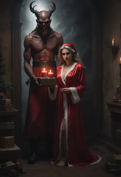 (a 22 years old sexy woman in a short satin nightgown:1.2), (stands with skinny figure frozen in terror in front of a demonic Santa Claus:1.2), (perfect demonic Santa Claus:1.7), her expression one of pure fear, in a crumbling, dystopian baroque palace, the air is thick with an unsettling gloom. In the midst of this desolation, (a demonic Santa Claus has gift packages for her:1.5), his green glowing eyes piercing the darkness, and his monstrous form casting a sinister presence, Scattered around the room, broken gifts lie abandoned, their wrapping torn and faded. An old Christmas tree stands in a corner, its needles largely fallen, leaving behind skeletal branches adorned with cracked ornaments. The dim glow of candles flickers, casting long, eerie shadows across the decaying walls. The entire scene is bathed in a gloomy, oppressive atmosphere, where every festive element is warped and broken, creating a chilling, nightmarish holiday scene, (ziprealism:1.3), sunshine, ultra-sharp details, realistic skin texture, refined contrast, 8k detail, authentic facial expression, clean composition, (maximum photo quality:1.4), (maximum resolution:1.5), longnips, Black, and, white, art, black, shading, charcoal, toned, brutal, dark, b/w, color, scheme, <lora:Cloudy_Style:.8>, <lora:Black and white art.V1:.8>, <lora:Italian_girl:.8>