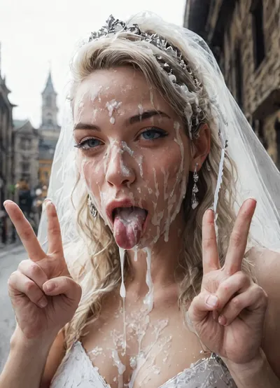 UHD 8K, cinematic masterpiece, maximum quality, maximum details, maximum realism, (bride), (blowjob face:1.5), (half open eyes:1.3), excessive cum on chin, (excessive cum in mouth), (cum leaking from nose), (((excessive cum in hair:1.3))), (((dynamic side angle view))), smeared makeup, running eyeliner, tongue out, (((both hands peace sign)))