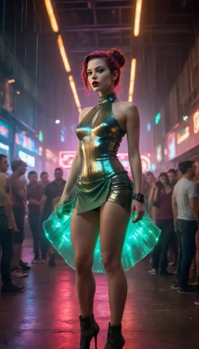 view from front, top half of woman body, A striking female secret agent stands as the unmistakable focal point amid a wild, cyberpunk rave in a dystopian megacity nightclub. The chaotic crowd thrashes around her—cyber-enhanced dancers, masked ravers, neon-painted rebels, and augmented mercenaries lost in the frenzy of pounding bass and strobing lasers. Vibrant holograms glitch above the dance floor, spraying neon shards through the air, while malfunctioning LED walls flicker violently. The atmosphere is explosive—riot-level energy, bodies in constant motion, electric haze, and fractured neon illuminating everything.

Yet she remains the dominant subject, sharply in focus and glowing with a powerful, commanding presence.

Her outfit is a dazzling high-tech spectacle, a champagne high-neck top and sage-green skirt woven from unstable nanofiber threads that erupt with intense, surreal bursts of prismatic light. The corrupted-circuit patterns across the fabric pulse like a living data stream, casting razor-sharp flares that slice through the darkness. Her metallic gold micro-thruster heels spark with light as she moves. Butterfly earrings and a long pearl necklace glow with encrypted surveillance holograms—covert spy tech disguised as fashion. Her hair is in a sleek tactical updo, and her bold red lips stand out against her controlled, vigilant expression.

The rave around her spirals into pure mayhem—strobe bursts, laser nets cutting through haze, drones scanning the crowd, dancers vaulting off broken platforms, sparks raining from collapsing holo-projectors. Despite the chaos, she dominates the frame, her radiant, chaotic light carving out a visual bubble around her. She is the calm, deadly center of a storm of cyberpunk madness—an operative on the edge of confrontation in a world losing control