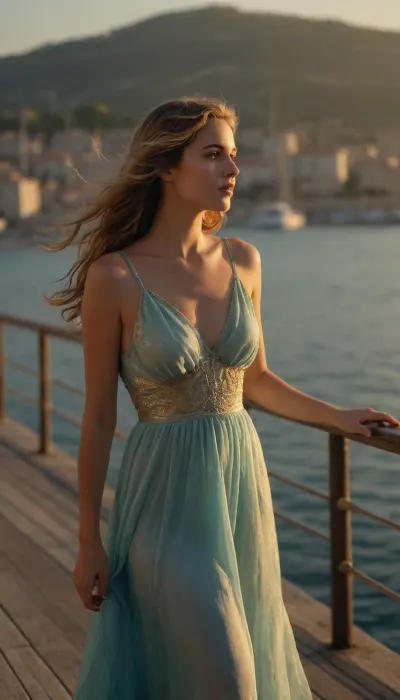 beautiful girl, long, wavy hair shimmering in shades of gold and azure, in light dress billowing in the wind, standing on the pier, admiring the beauty of the world around her and dreaming, early morning in the port of Antibes, serene harbor bathed in the soft light of the rising sun, old yachts sway on the waves, gentle breeze carries the scents of the sea and fresh pastries, atmosphere of morning tranquility, romance