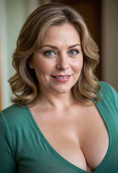 Gilf, Bbw mature woman, 60s, bbw, fat, chubby, obese build, natural curves, shoulder-length light brown hair, fair warm skin, upper body portrait, deep green v-neck top with cleavage, natural bust, soft mature drop, realistic bosom shape, soft belly contour, chubby cheeks, big lips, full lips, big smile, pretty teeth, faint lines, wrinkles on face, blue-green eyes, flirtatious gaze, textured skin, photorealistic, 8k, raw photo, detailed skin texture, cinematic lighting, 85mm lens, shallow depth of field