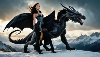 UHD 8K, cinematic masterpiece, extreme realism, hyper-detailed skin, fine pores, HDR lighting, maximum detail, maximum quality, 35mm photography, Nikon Z7 II style, high-quality cinematic color gradation, ultra-detailed textures, (photorealism:1.5), (ultrarealism:1.5), (extreme detail:1.4), ultra-high resolution.

Beautiful pale, chubby, (plump), woman, medium breasts, (((shaved vagina, perfect vagina))), with long braided black hair, confident and sensual, (((wearing a black fur cape))), sensual black suspenders, long black gloves. Full body visible, (emphasis on frontal view:1.4), flying pose, wind moving her hair and cape., (((She is mounted on a huge black dragon from Game of Thrones, enormous wings fully extended, dynamic aerial shot, powerful sense of scale, cinematic movement, dragon's body fully visible))), .

Scene set in a snowy and stormy landscape, dramatic atmosphere, strong backlighting, contour lighting outlining the woman's silhouette and the dragon's scales, cold ambient lighting, ultra-detailed snow particles in the air. Professional fantasy photography, epic composition, award-winning visual style, (high realism:1.6), (ultra-detailed environment:1.4), 8k wallpaper quality.