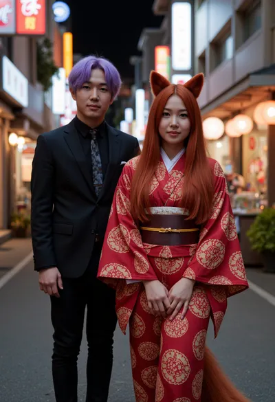 (masterpiece:1.2), (photorealism:1.3), Tokyo night, Young female cosplayer, in the guise of a fox-turned-kitsune, {long red hair, fox ears, fluffy fox tail, traditional red kimono with gold patterns and brown and gold oobi belt}, in the cosplay area of Ahikabara neighborhood, she met a guy from Harajuku neighborhood, {with purple hair, wearing a strict black business suit}, (numerous illuminated signs and lanterns in the background:1.1), (depth of field:1.1), urban environment