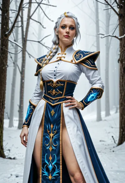 CAMERA, (medium shot), (from below), QUALITY, (photorealistic, ultra-detailed, cinematic fantasy portrait:1.3), CHARACTER, (battle-ready frost mage inspired by Jaina Proudmoore from World of Warcraft:1.3), (fair-skinned woman:1.1), (soft youthful face), (mid-20s appearance), (smooth natural skin), FACE, ((signature face)), ((recurring facial identity)), ((consistently the same face)), (young human woman, mid-20s), (soft feminine facial structure), (oval face shape), (soft jawline and cheeks), (narrow chin), (warm blue eyes, medium size, almond-shaped), straight nose, feminine proportions, (natural lips, medium fullness), (realistic human face), HAIR, ((signature hairstyle)), ((recurring hairstyle design)), ((consistently the same hairstyle)), ((white hair as the primary color)), (single blonde streak framing the front of her face), (streak fixed in position and clearly distinct from the rest of the hair), (hair pulled back tightly from the face), voluminous swept-back front section, hair gathered and secured at the crown, (single thick structured braid trailing behind her), (braid originates from the back of the head), clean, controlled fantasy hairstyle, OUTFIT, ((fully clothed)), ((wearing her signature Kul Tiras mage robe)), ((signature outfit, Kul Tiras mage robe)), ((recurring outfit design)), ((consistently wearing the same Kul Tiras mage robe)), (white fitted corset-style naval mage robe), (white, blue and gold color scheme), (white fitted bodice with vertical buttons), long blue over-robe with gold trim, (open-front robe design over a corset bodice), (light decorative shoulder trim on her left shoulder), leather belt and utility straps, streamlined silhouette

BODY, (Large round ass), natural b-cup breasts, natural breasts, perky breasts, perky nipples, athletic body, toned legs, POSE, (standing in a sexy pose with her hand on her hip:1.2), (conjuring magic frost spell with her hands:1.5), (LOCATION:1), (standing in a snow-covered forest), (snowing), dense evergreen forest stretching into the distance, tall pine trees heavy with snow, (snow-covered ground), (faint snowfall drifting through the air), (light winter mist between trees), cold, quiet, muted winter environment, STYLE
cinematic lighting, soft rim light with cool highlights, ultra-realistic skin texture with natural pores, high-detail fabric stitching, shallow depth of field, fantasy realism, high-quality cinematic still