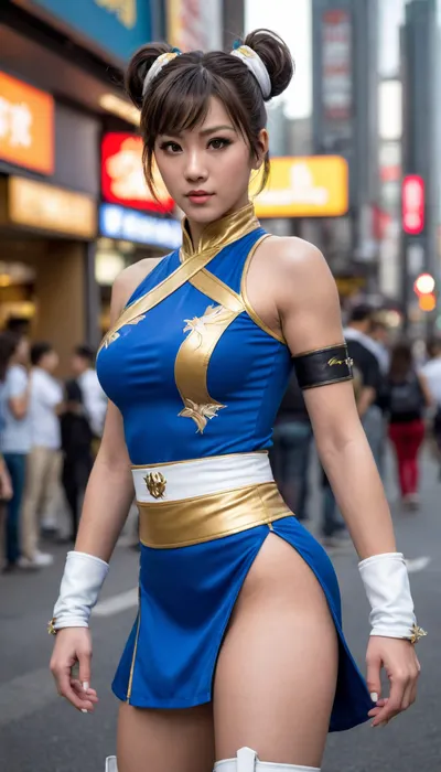 Somewhere in the cosplay area of ​​Harajuku and Akihabara, at a cosplay event, a sexy woman, rendered in realistic and detailed CGI as Chun-Li from the Street Fighter series, is depicted in a dynamic pose. She wears the iconic blue and gold qipao with a white belt, white knee-high boots, and black spiked wristbands. Her hair is styled in two elegant buns. The dark gray background enhances her expressive appearance. The hyper-realistic style highlights her athletic physique and fierce expression., <lora:Chun-Li-Flux:.5>